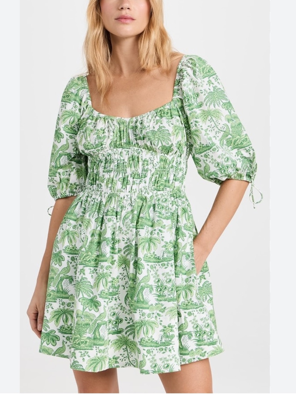 Staud Mini Faye Green & White Puff-Sleeve Toile Dress